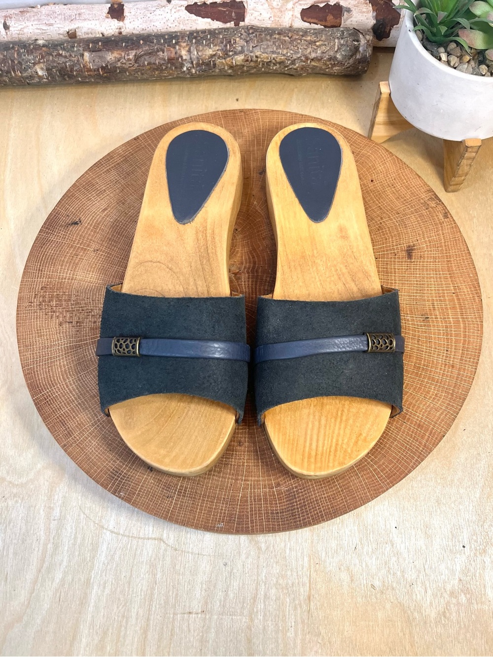 Sanita Wooden Clog Slides - Navy Suede Leather - Size 37